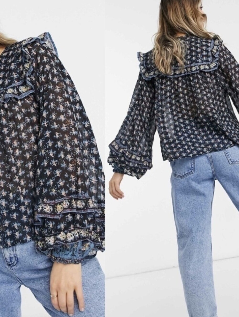 XS-M Free People Jenna Floral Ruffle Detail Cotton Blouse in Night Combo - Picture 2 of 11